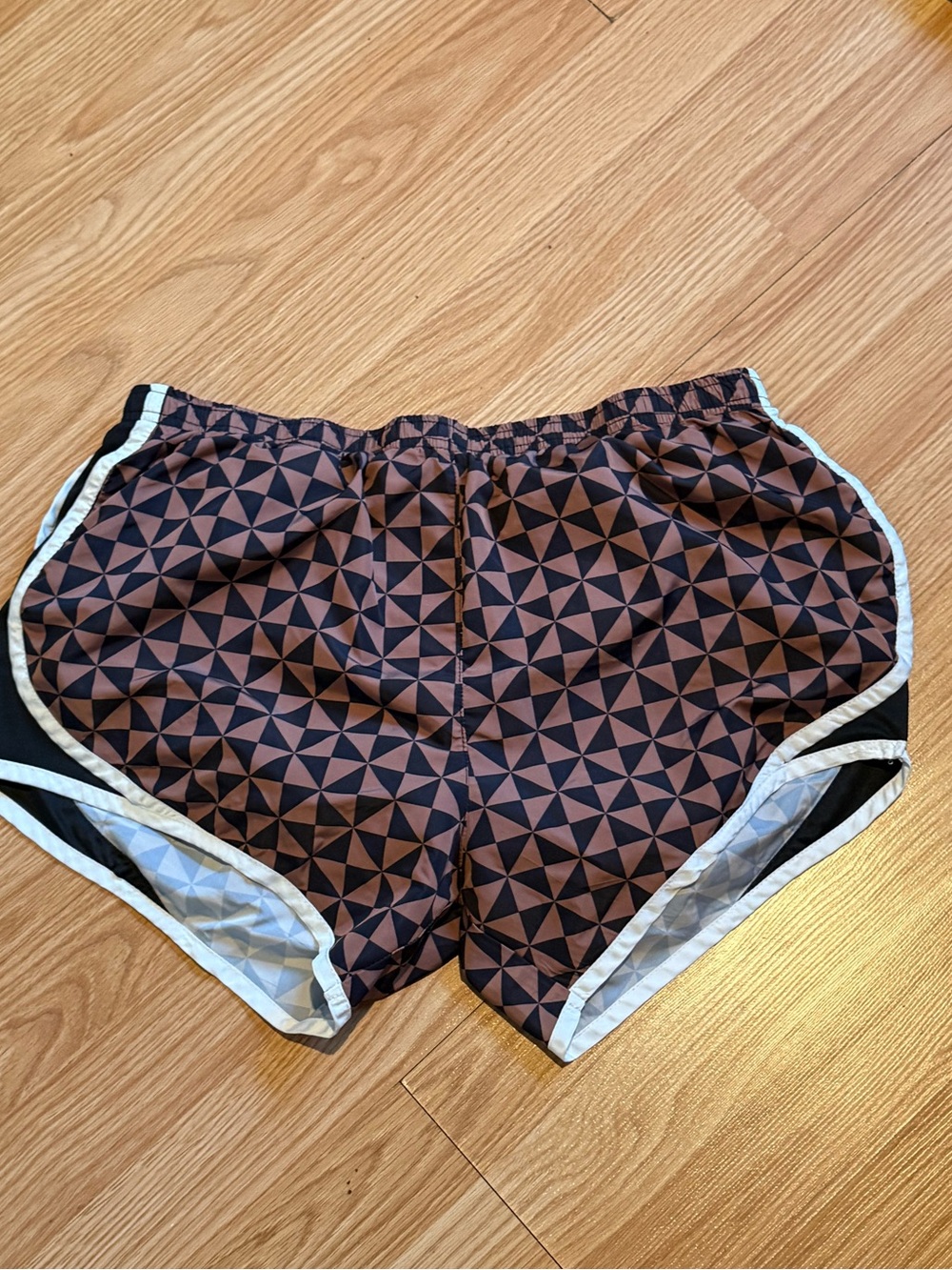 Women's Brown Geometric Athletic Shorts with White Trim
